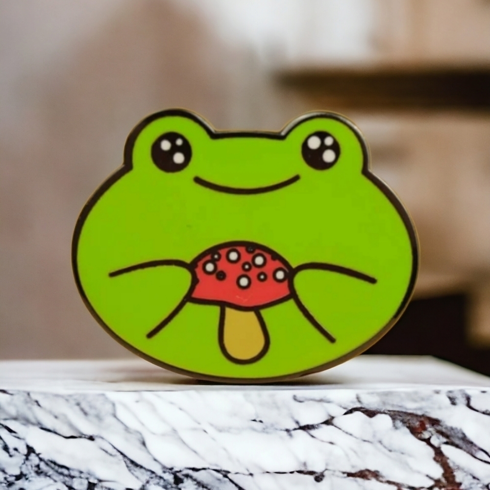 Frog and mushroom enamel pin